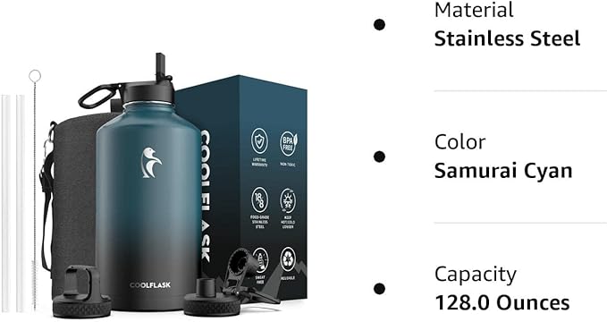 Coolflask 128 oz Gallon Water Bottle Insulated with Straw&3 Lids, Water Jug Large Stainless Steel Metal Vacuum Wide Mouth for Sports, Gym or Office, Non-BPA Keep Cold 48H Hot 24H, Samurai Cyan