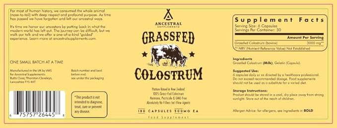 Ancestral Supplements Grass Fed Beef Colostrum Supplement, 3000 mg, Offers Immune Support and Promotes Gut Health, Athletic Performance, Healthy Iron Levels, Growth and Repair, Non GMO, 180 Capsules