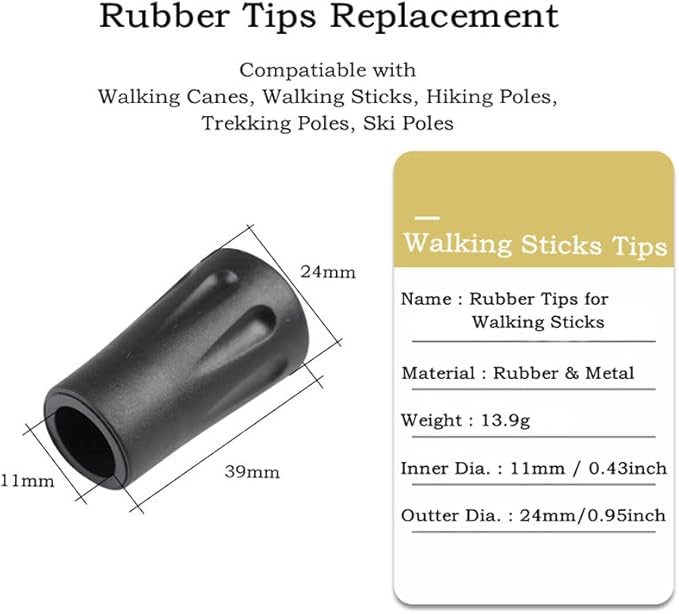 6pcs Walking Stick Tips, Replacement Rubber Tips for Walking Sticks, Trekking Pole Tips Baskets Hiking Pole Tips Feet Shock Absorption Rubber Cane Tips 11mm Diameter Survival Hiking Stick Accessories