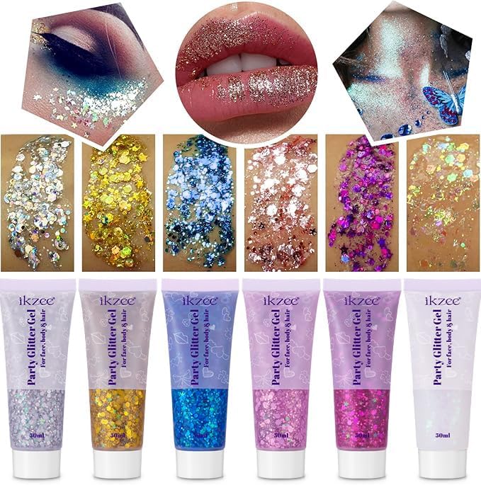 6Pcs Body Glitter for Women - Holiday Glitter Gel for Face &Body & Hair & Nail DIY|Hair Glitter Gel Create A Stunning Visual Feast |Multiple Purpose Body Glitter Gell Long Lasting Mermaid Series Set