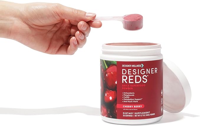 Designer Wellness, Designer Reds, Daily Superfood Powder with Beet Root, Support for Energy, Stress, Immune Health, Heart Health, and Digestive Health, Cherry Berry, 30 Servings