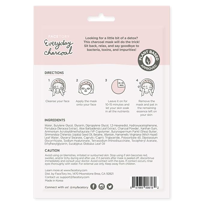 FACETORY K Beauty Face Mask Skin Care - Everyday CHARCOAL Detoxifying Sheet Mask | Plant-Based Charcoal Face Mask (10 Pack)
