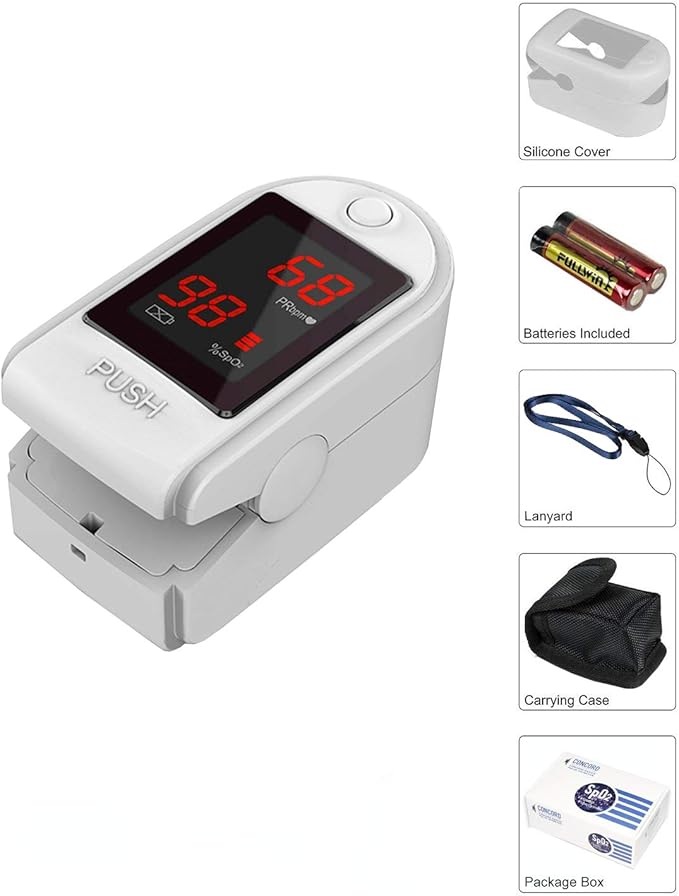 Concord Basics Fingertip Pulse Oximeter - Blood Oxygen Saturation Monitor with Carrying Case, Batteries, Silicone Cover & Lanyard - Easy to Use, Accurate SpO2 & Pulse Measurement (White)