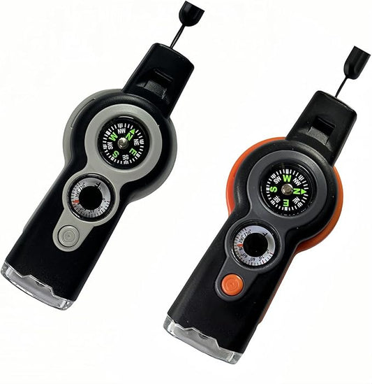 7 in 1 Emergency Survival Whistle with Compass, Outdoor Multi-Functional Hiking Safety Tool with Lanyard