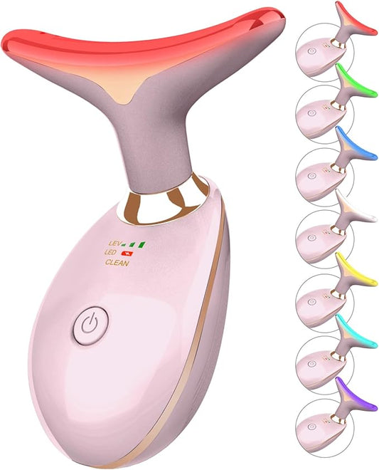 7 Color Face and Neck Massager Light Therapy, Red Light Based Facial Massager for Skin Care, Firming, Smoothing (Pink)