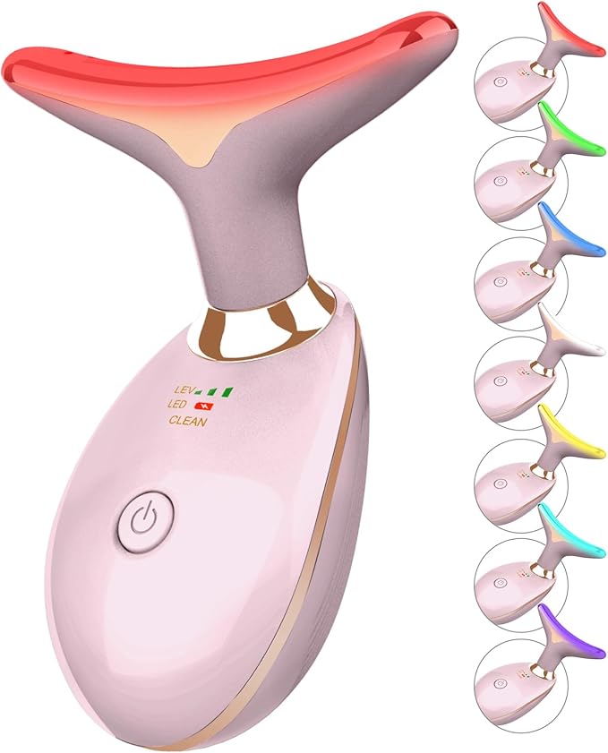 7 Color Face and Neck Massager Light Therapy, Red Light Based Facial Massager for Skin Care, Firming, Smoothing (Pink)