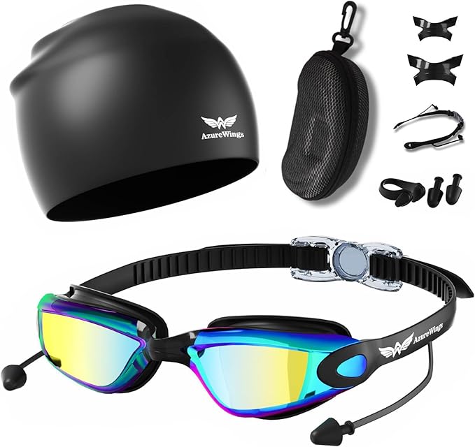 7 in 1 Swim Goggles + Swim Cap for Men Women,No Leak Anti-Fog & UV, Wide Visio HD Mirror PC Lens