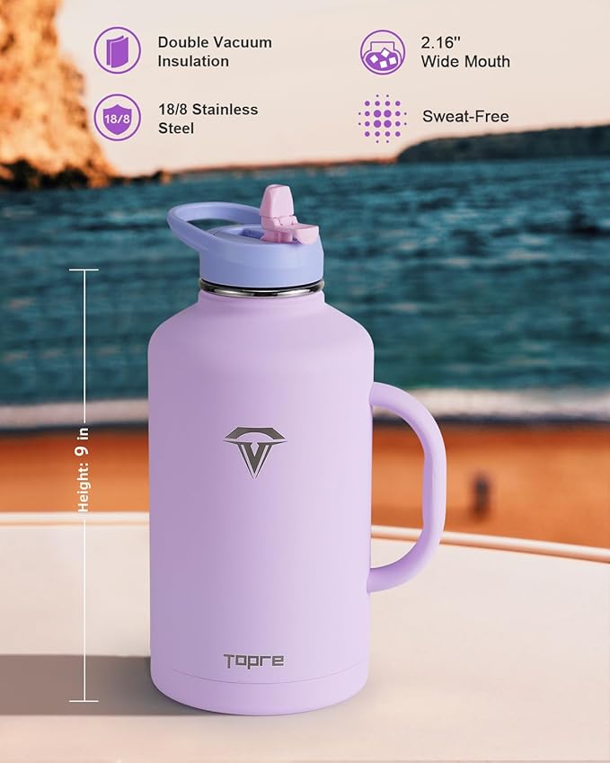 64 oz Water Bottle Insulated with Handle and Carry Pouch, Half Gallon Stainless Steel Water Bottles Mug with Straw Lid Spout Lid,Reusable Metal Tumbler Jug Flask Cup,Keep Cold & Hot,Purple