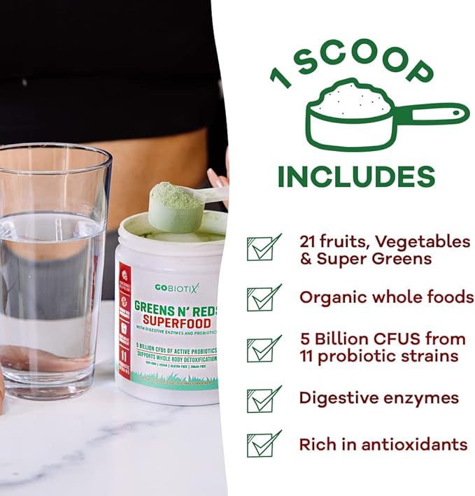 GOBIOTIX Super Greens and Reds Powder - Red and Green Superfood - Probiotic Supplement - Digestive Enzymes and Beet Root Powder - Organic Whole Foods Dietary Supplement (Pom Raspberry, 2 Pack)