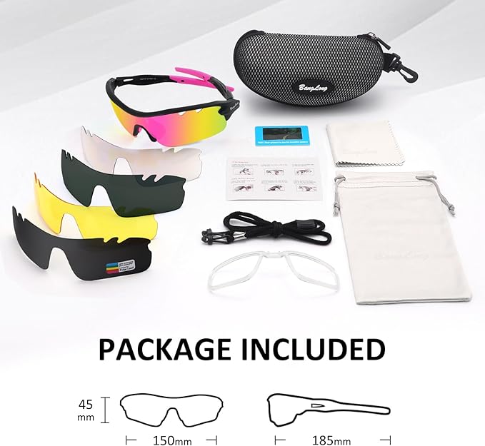 BangLong Polarized Sports Sunglasses Cycling Sun Glasses for Men Women with 5 Interchangeable Lenes for Running Baseball Golf