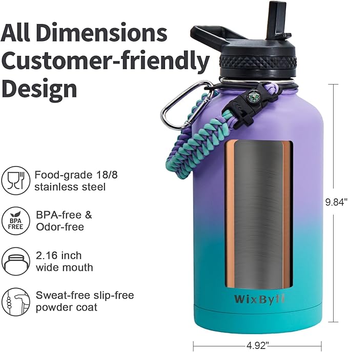 64 oz Insulated Water Bottle with Straw (Cold for 48 Hrs), Half Gallon Stainless Steel Triple Wall Vacuum Sports Water Jug, Leakproof Hydro Cup Flask with Straw Spout Lids & DIY Stickers