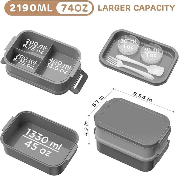 DaCool Adults Lunchbox Bento Box - 74 OZ All-in-One Stackable Lunch Box for Adults Men Women Teens Leakproof Bento Large Lunch Box Containers with Fork Spoon Sauce Box for Dining Out Work School,Grey