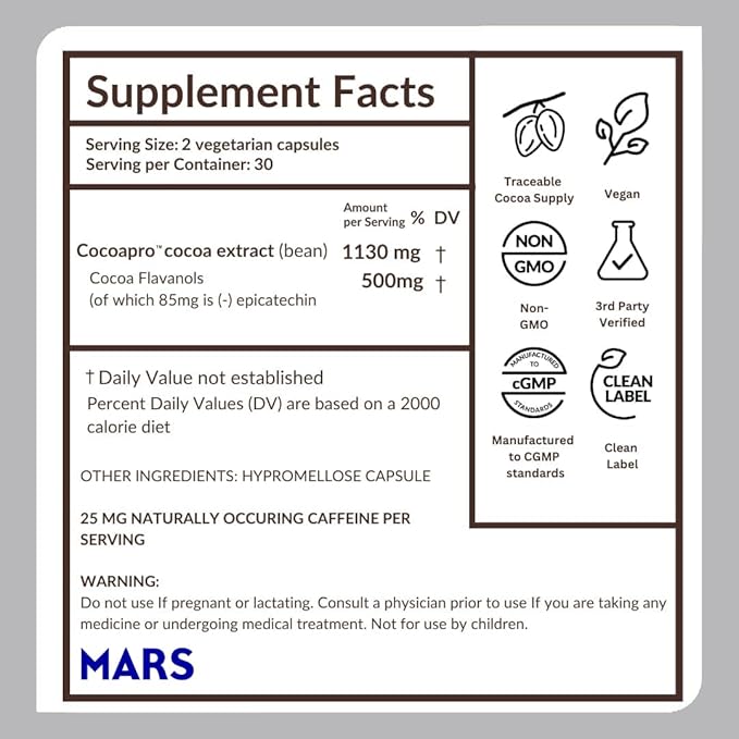 CocoaVia Cardio Health Supplement, 30 Day, 500mg Cocoa Flavanols, Support Heart Health, Boost Nitric Oxide, Blood Circulation, Energy, Vegan, Dark Chocolate, 60 Capsules