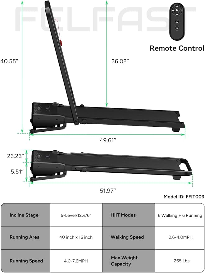 Walking Pad Treadmill, 12% 5-Level Auto Incline, 2-in-1 Under Desk Foldable w/Remote Control, 12 HIIT Mode, 265 Lbs, 7.6 MPH Max, Portable Treadmill for Office Home, No Tablet Stand