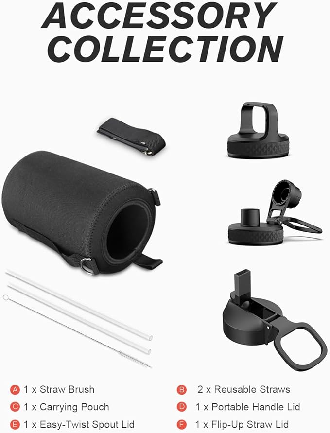 64 oz Water Bottle Insulated with Straw & 3 Lids, Coolflask Large Metal Stainless Steel Water Jug Big Half Gallon Wide Mouth for Sports, Gym or Office, Non-BPA Keep Cold 48H Hot 24H, Magic Black