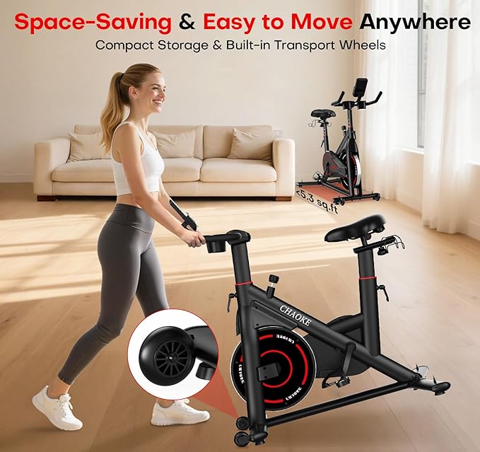 Exercise Bike, CHAOKE Quiet Magnetic Resistance 300LB Capacity Stationary Bike for Home with App Compatible, Indoor Bike with Comfortable Seat and Digital Display
