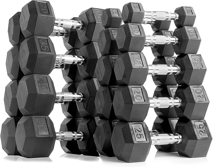 6-10 Pair Iron and Rubber Dumbbell Set 350/450 and 550 lbs 5-50 lbs Hand Free Weight for Strength Hex Coated Weights with Vertical Storage Rack Home Gym 5-50 lb - Black