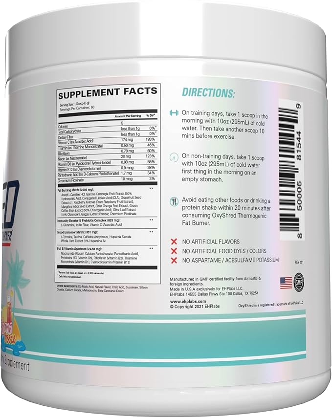 EHP Labs OxyShred Pre Workout Powder - Preworkout Powder with L Glutamine & Acetyl L Carnitine, Energy Boost Drink - Bahama Breeze, 60 Servings