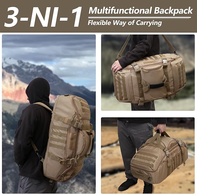 55L Large Duffle Bag, 3-in-1 Tactical Backpack MOLLE Pack for Gym, Sports, Outdoor, Coyote