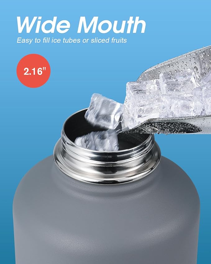 64 oz Insulated Water Bottle with Straw & 3 Lids, Coolflask Half Gallon Water Jug Large Metal Stainless Steel Wide Mouth for Sports, Gym or Office, Non-BPA Keep Cold 48H Hot 24H, Knight Grey