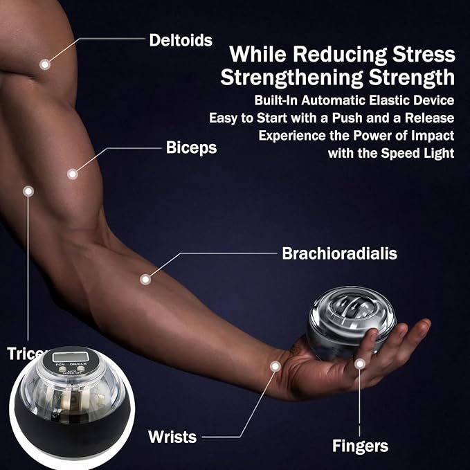 Cura Ball Hand Exerciser, Torque Gyro Ball Wrist Exerciser with LED Lights and Counter, Parallel Halo Power Wrist Ball for Strengthen Grip Strength, Arms, Fingers & Muscles, With Storage Pouch