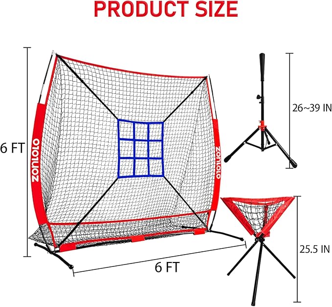 6x6ft Portable Baseball & Softball Net for Hitting,Pitching, Batting and Throwing, with Sturdy Bow Frame,Batting Tee, Ball Caddy and Strike Zone, Middel Size, Great for Kids!