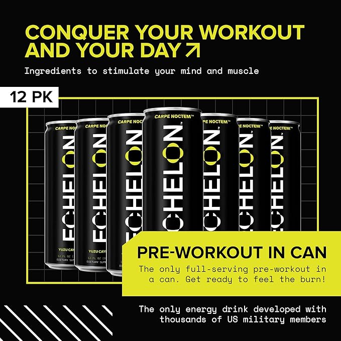 Echelon Pre-Workout Energy Drink | Yuzu Cayenne | 12 Pack | Sustained Energy, Focus and Endurance Dietary Supplement | 300mg of Caffeine | Beta-Alanine, L-Theanine & Fiber | Vegan
