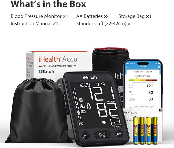 iHealth Accu Blood Pressure Monitor – 4.5" Large LCD, Clinically Accurate, Irregular Heartbeat Alert, Body & Cuff Detection, Bluetooth Sync, Adjustable Large 8.6"–17" Cuff– Easy for Seniors & Adults