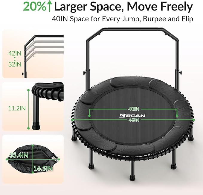 BCAN 40"/48" Rebounder Trampoline for Adult, 450/550LBS Fitness Trampoline with Bungees, Adjustable Handle, Stable & Quiet, Indoor Outdoor, Whole-Body Workout & Relaxation at Home for Women/Men