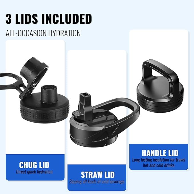 64oz Insulated Water Bottle with Straw, Half Gallon Stainless Steel Vacuum Water Jug, Large Thermal Water Bottle Flask with Leakproof 3 Lids for Travel, Camping, Gym Sports Light Blue