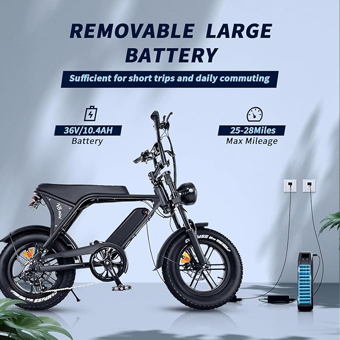 Electric Bike for Adults, Fat Tire EBike, 36V 10.4Ah Removable Battery, 500W Upgrade Motor, 20MPH Commuter Bike, V8 Mini Electric Bicycle for Mountains, Snow, Sand, Road