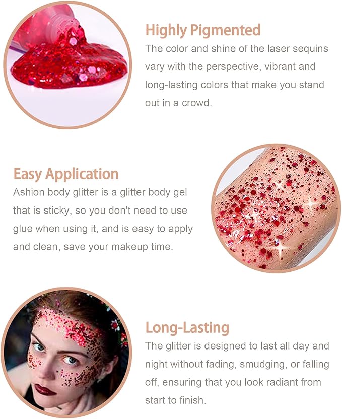6PCS Red Face Body Glitter Gel,Holographic Chunky Sequins Body Glitter Paint for Party Singer Concerts Music Festival Rave Accessories for Girls Women Face Body DIY Sparkling Makeup