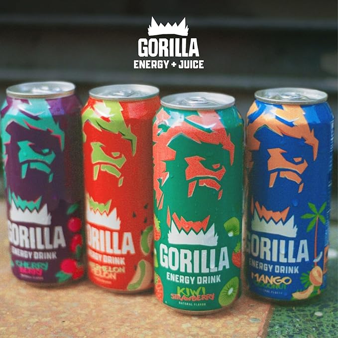 Gorilla Energy Drink, Variety Pack, 200mg Natural Caffeine, Real Fruit Juice Squeezed & Concentrated, L-Theanine, Taurine, Ginseng, Acetyl L-Carnitine, No Added Sugar and No Artificial Colors, 12 Pack
