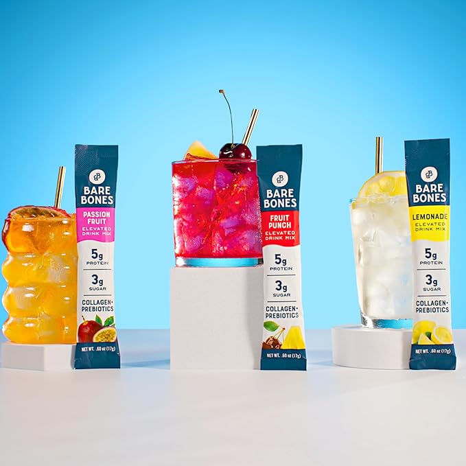 Bare Bones Passion Fruit Elevated Drink Mix | Light & Flavorful | Gluten-Free & Naturally Sweetened | On-the-Go Stick Single-Serve Packs Powdered Refreshment | 5g Protein | 16 Packets (.60 oz)