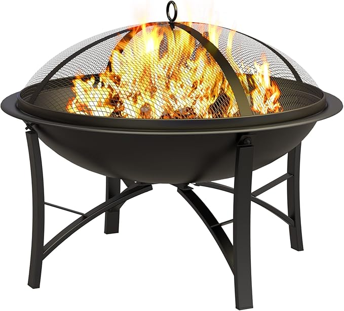 Fire Beauty Fire Pit for Outside Wood Burning,BBQ Grill Steel Fire Bowl with Spark Screen Cover,Log Grate,Poker for Camping Beach Bonfire Picnic Backyard Garden