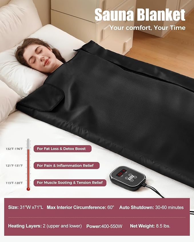 Infrared Sauna Blanket - Portable Far Infrared Sauna for Home Relaxation - PU Sauna Blanket - Infrared Blanket Sauna with 77–176 °F Temp Range(Pure Black)