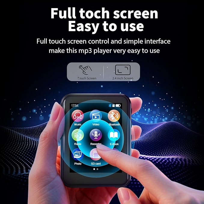 64GB MP3 Player with Bluetooth 5.3, QNGEE 2.4 inch Full Touchscreen Music MP3 for Kids, FM Radio, Voice Recorder, HiFi Sound, E-Book, Earphones Included