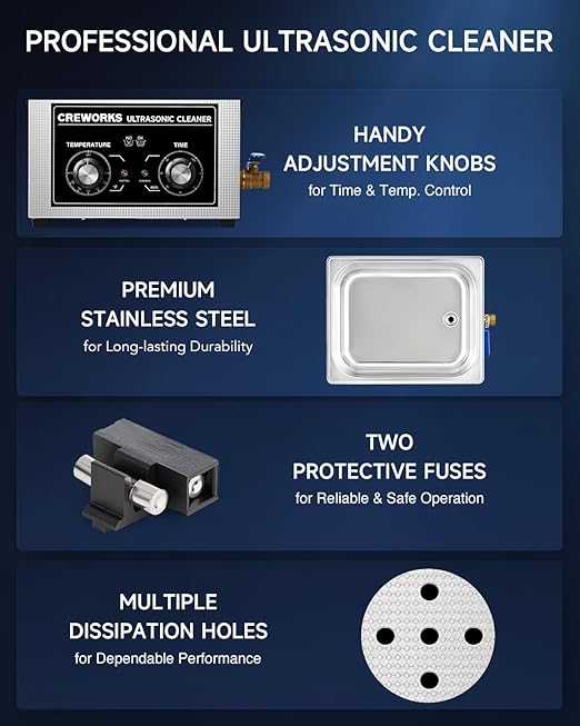 CREWORKS 10L Ultrasound Cleaning Machine with Heater and Timer, 240W Stainless Steel Ultrasonic Washing Machine, 2.6 gal Professional Ultrasound Parts Cleaning Machine for Lab Tool Glasses Auto Part