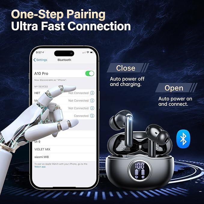 A10 Pro Wireless Earbuds, Bluetooth 5.3 Headphones HiFi Stereo 50H Playback LED Digital Display Ear Buds with ENC Noise Canceling Headset, IPX7 Waterproof Earphones for Gym/Running/Work