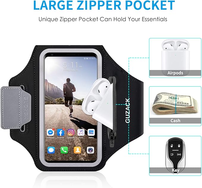 GUZACK Running Phone Holder with Zipper Pouch, Running Armband for iPhone 16 Pro/15/14/13/12/11 Pro Max/Plus/XR/XS, Galaxy S25/S24/S23/S22, Cell Phone Arm Holder with Card Slot - Size S
