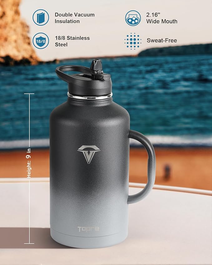 64 oz Insulated Water Bottle with Straw and Lid, Half Gallon Stainless Steel Cup with Handle,Leakproof Metal Travel Jug Flask Mug Tumbler Cup With Carry Pouch and Brush,Keep Cold & Hot,Grey