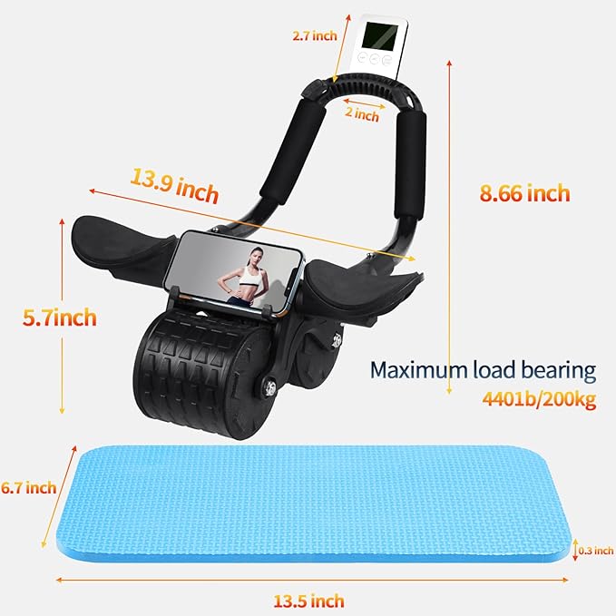 Ab Roller Wheel with Timer & Knee Mat, Home Workout Auto Rebound Abdominal Wheel with Elbow Support - Core Workout Equipment for Strengthening Abs, Home Gym Exercise for Women & Men