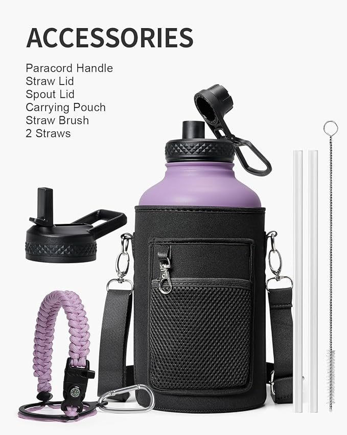 64 oz Insulated Water Bottle,Half Gallon Water Flask Stainless Steel Vacuum, Cold for 48 Hrs,BPA-Free & Leakproof -with Paracord Handle, Strap,Straw Spout Lids,Large Jug for Gym,Purple