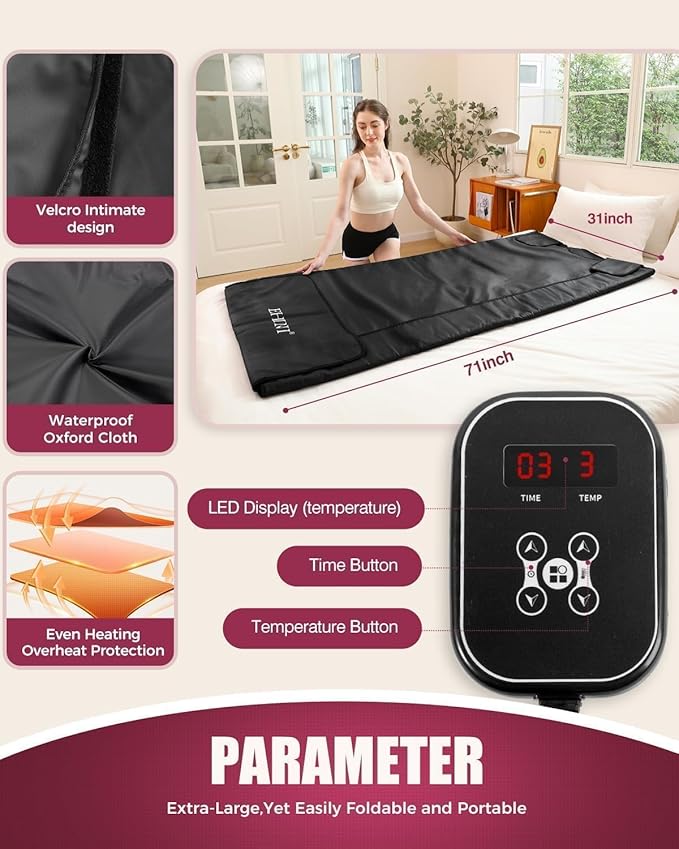 Infrared Sauna Blanket - Portable Far Infrared Sauna for Home Relaxation - PU Sauna Blanket - Infrared Blanket Sauna with 77–176 °F Temp Range(Pure Black)