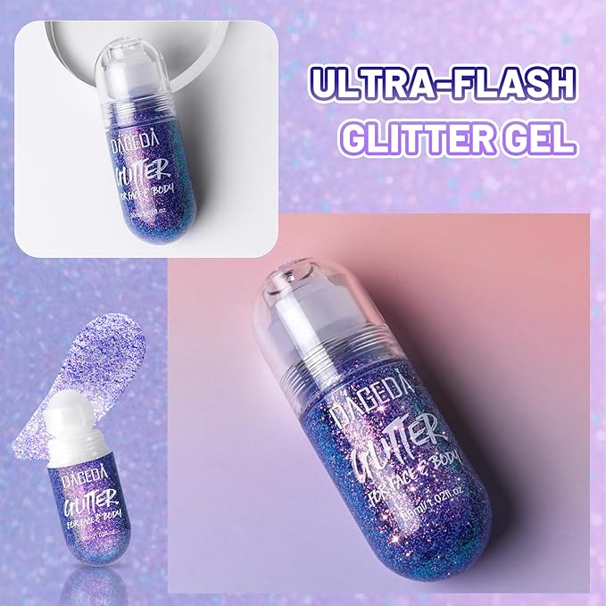 DAGEDA Body Glitter Gel, Roll-on Face Glitter for Mermaid Makeup Festival Rave Accessories, Holographic Hair Glitter Gel,Body Shimmer Halloween Makeup for Rave Party(Crazy Purple)