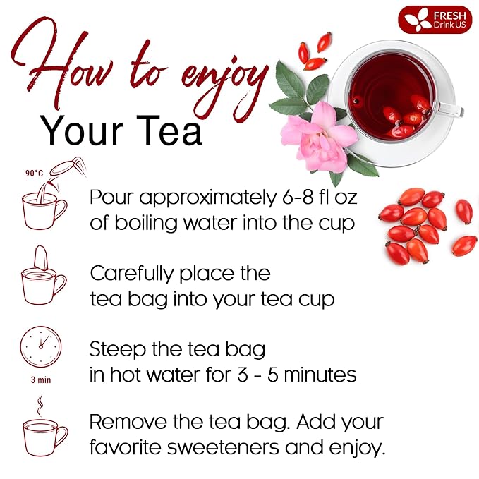 FreshDrinkUS, Premium 30 Rosehip Tea Bags, 100% Natural & Pure from Rose Hip Fruits. Loose Rosehip Herbal Tea. Made with Natural Material Tea Bags. No Sugar, No Caffeine, No Gluten, Vegan.