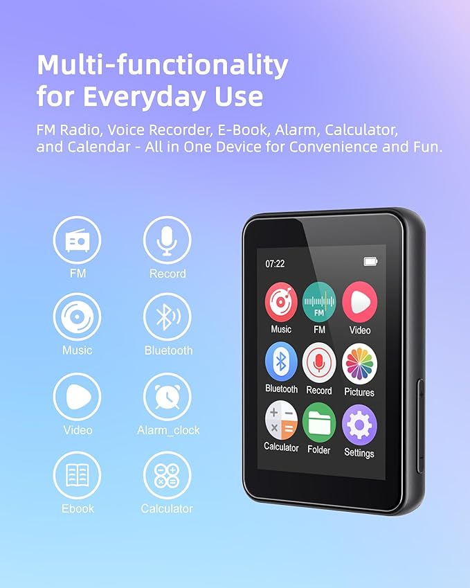 64GB Music Player with Bluetooth 5.3, 2.4" Portable MP3 Player with Speaker, FM Radio, Voice Recorder, E-Book, Full Touch Screen, Supports up to 256GB (Earphones Included)