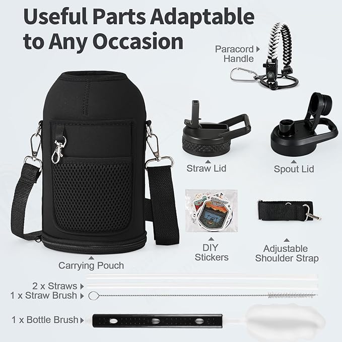 64 oz Insulated Water Bottle with Straw (Cold for 48 Hrs), Half Gallon Stainless Steel Triple Wall Vacuum Sports Water Jug, Leakproof Hydro Cup Flask with Straw Spout Lids & DIY Stickers