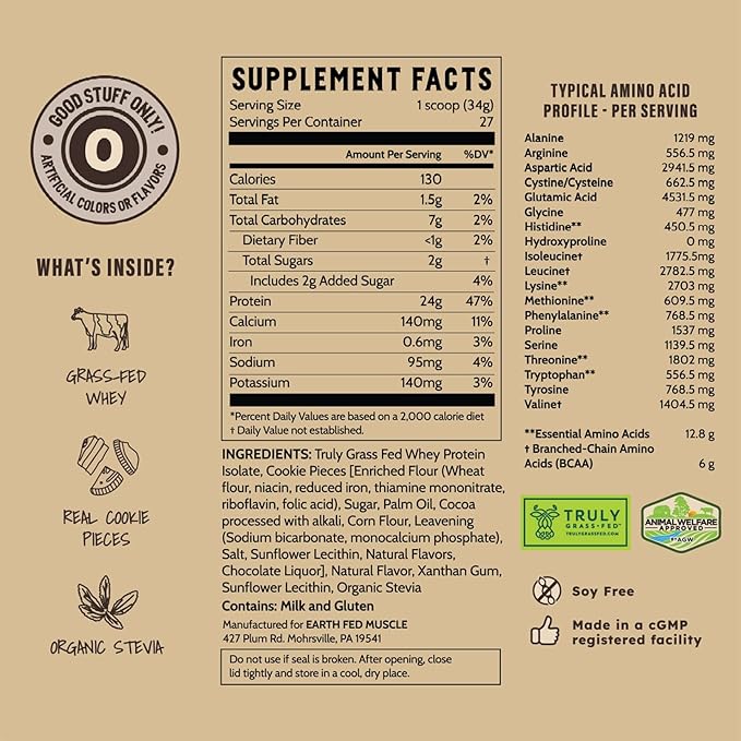 Earth Fed Muscle Husky Dunker Cookies N' Cream Truly Grass Fed Whey Protein Powder - No Artificial Ingredients, Soy Free, Non-GMO and Hormone Free (2 Pound, 27 Servings, Cookies n' Cream)