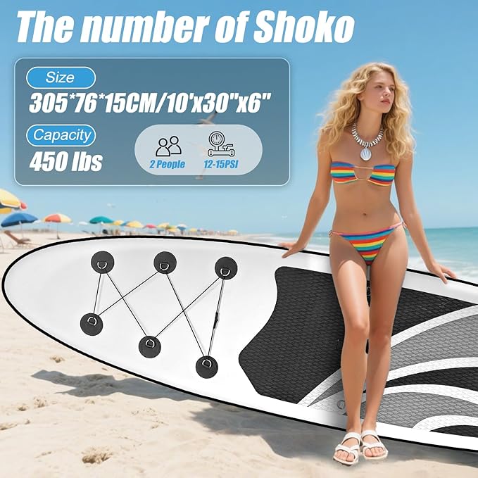 Inflatable Stand Up Paddle Board 10‘x30‘‘- Ultra-Light SUP with Backpack, Pump, Paddle, Coil Leash, 3 Fins, Repair Kit, Stable Design, Non-Slip EVA Deck for Adults & Youth